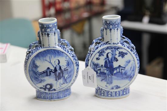 A pair of Chinese blue and white moon flasks, Kangxi four character marks, late 19th century, 20.5cm